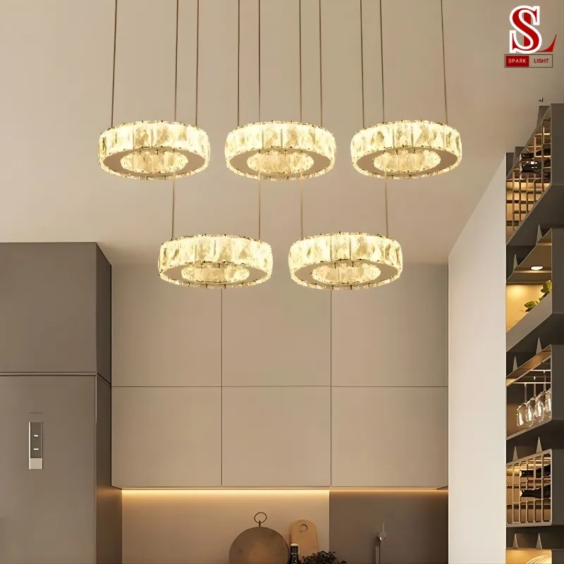 Đèn thả pha lê 5 vòng sang trọng phòng khách FL1009
