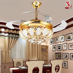 Đèn quạt trần pha lê cánh cụp sang trọng zl1054